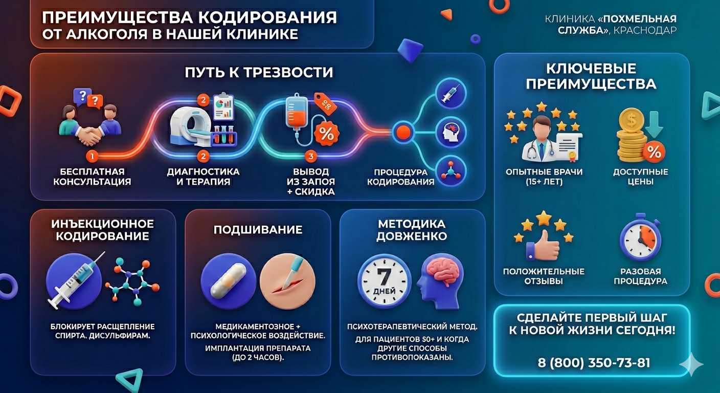 Инфографика о методах кодирования от алкоголя в Кыштыме: инъекции, подшивание, метод Довженко. Преимущества клиники и этапы лечения.