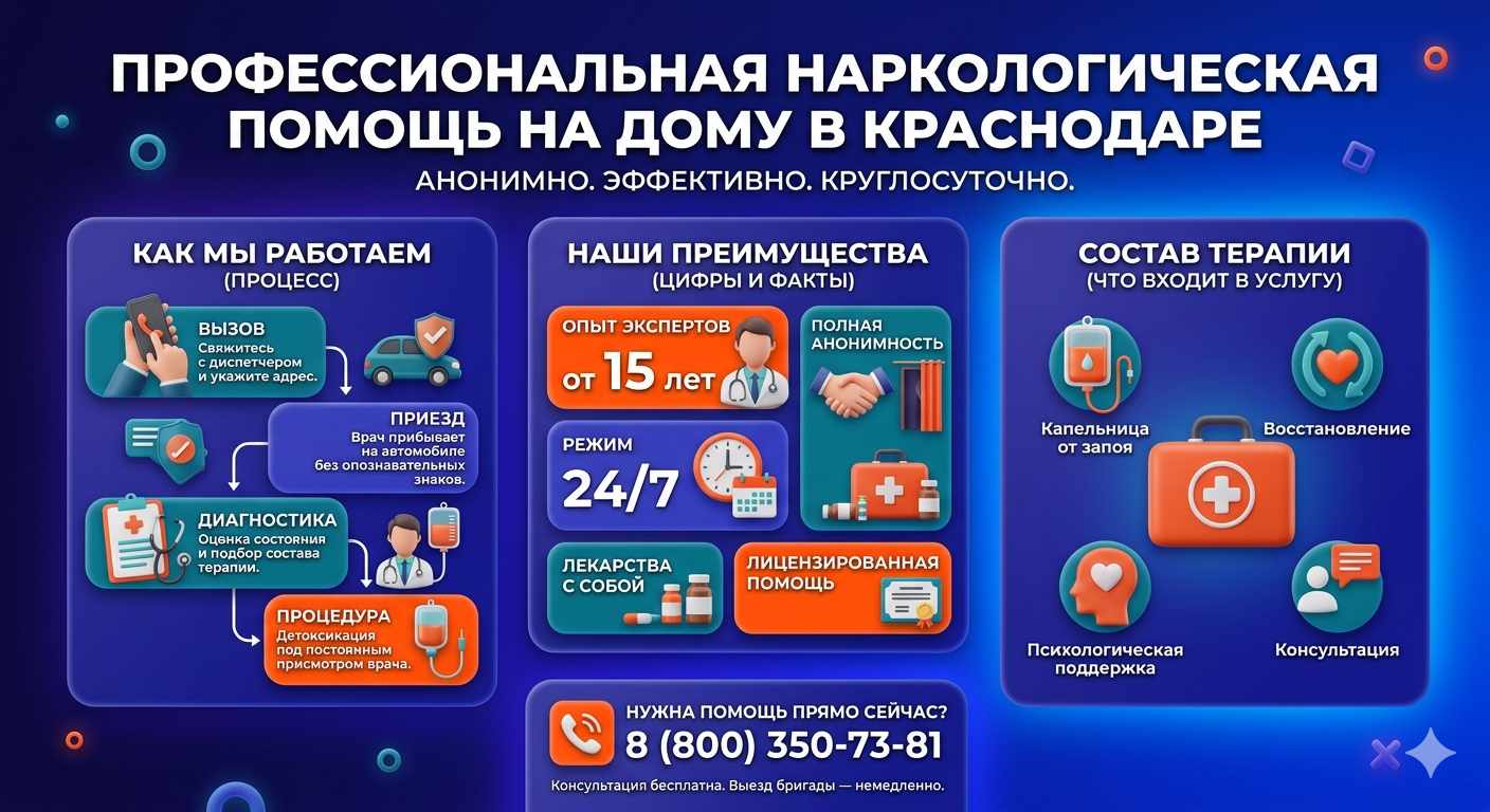 Инфографика о принципах лечения алкоголизма на дому в Кыштыме: этапы вызова нарколога, преимущества анонимной детоксикации и состав медицинской помощи.